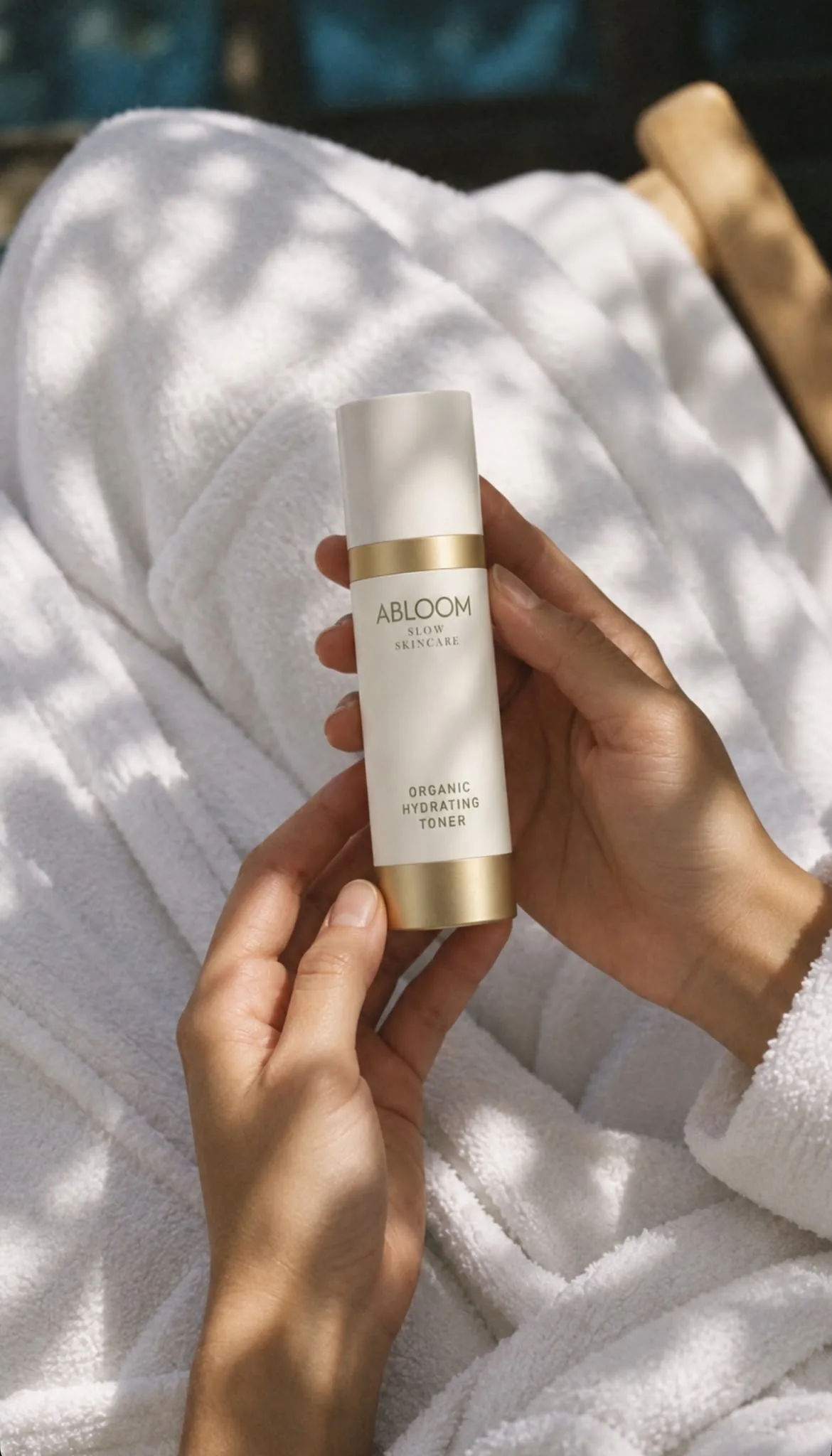 Handen houden een flesje Abloom toner vast, op een witte badjas